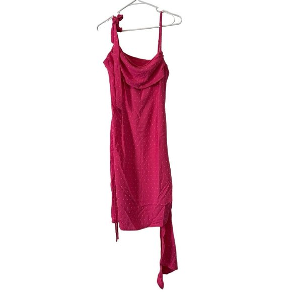 Ruched Asymmetrical Mini Shirt Dress Large Magenta Scoop Neck Sleeveless Stretch - Picture 7 of 16